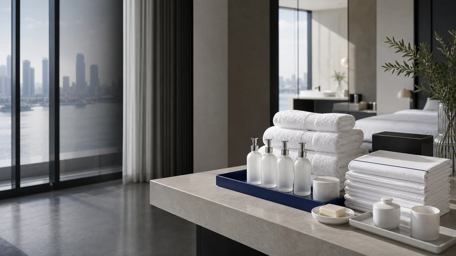 Hotel guestroom and service environment representing whole-property supply
