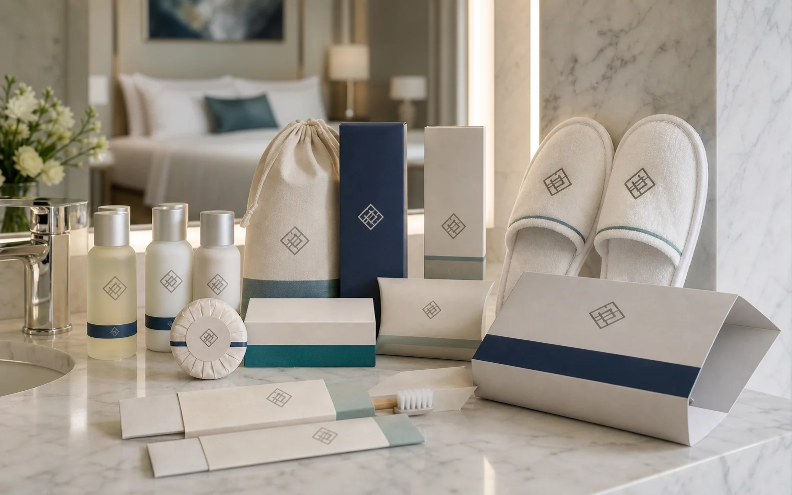 Private-label hotel amenity bottles, paper wraps, boxes, pouches, slippers, and room kit packaging