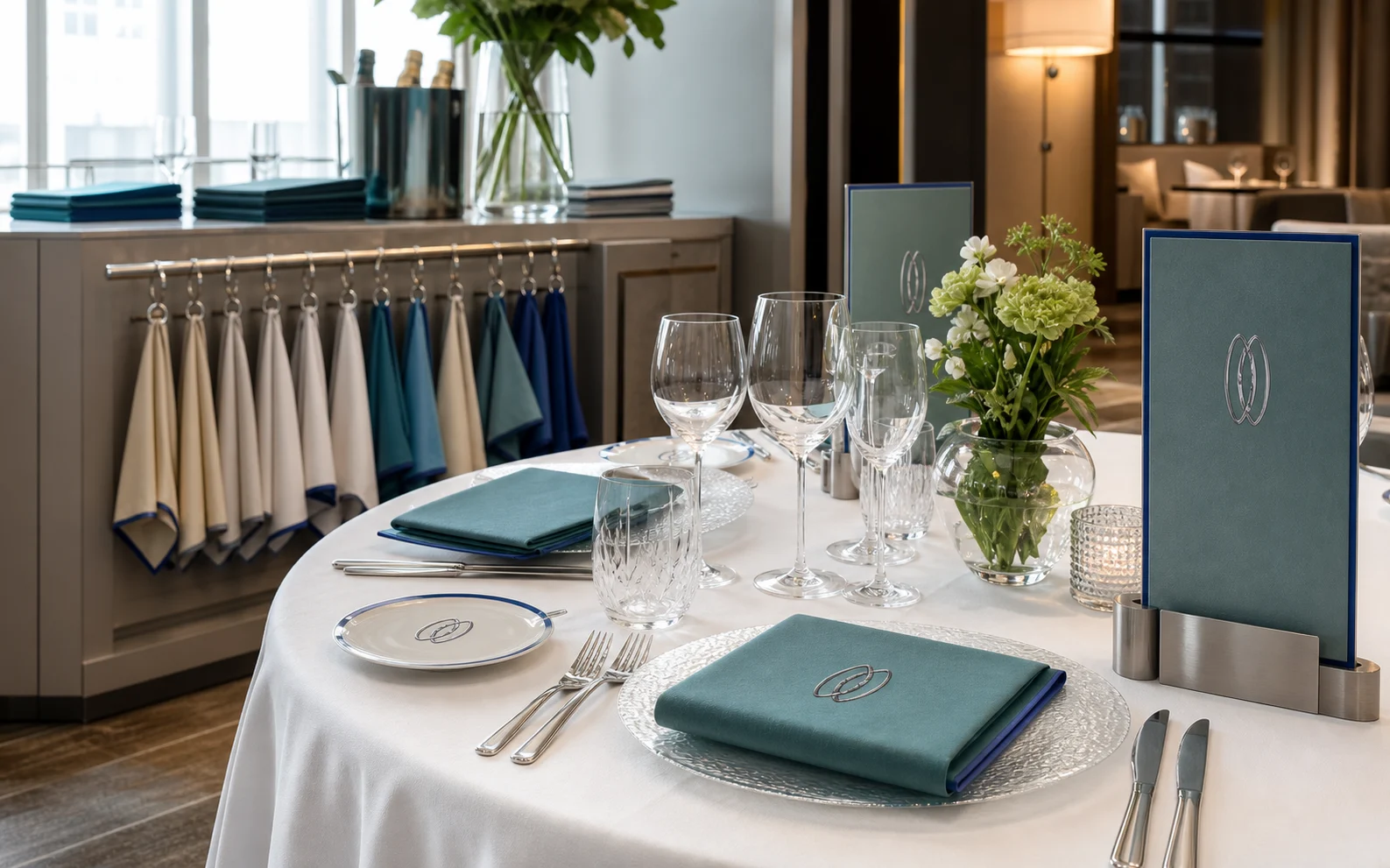 Custom hotel restaurant table linen, branded napkins, menu holders, glassware, and banquet colour direction