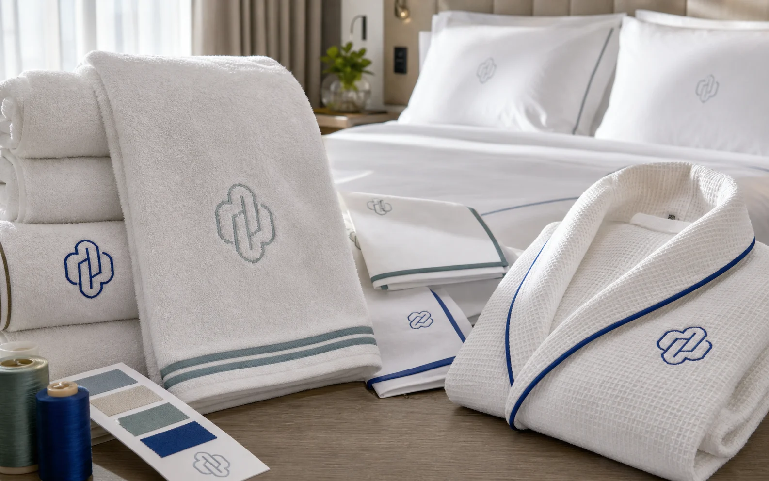 Custom embroidered hotel towels, robe, bed linen, napkins, trims, and thread swatches