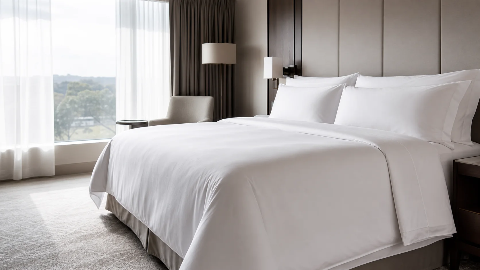 Hotel bed linen on a freshly made white hotel bed