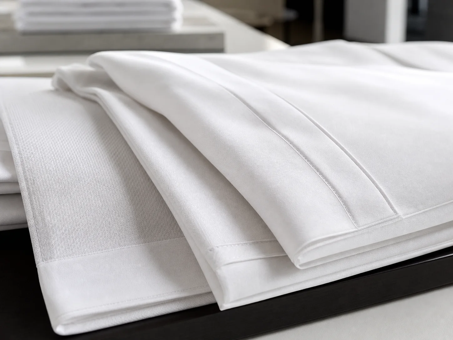 Cotton hotel bed linen fabric samples showing weave and finish