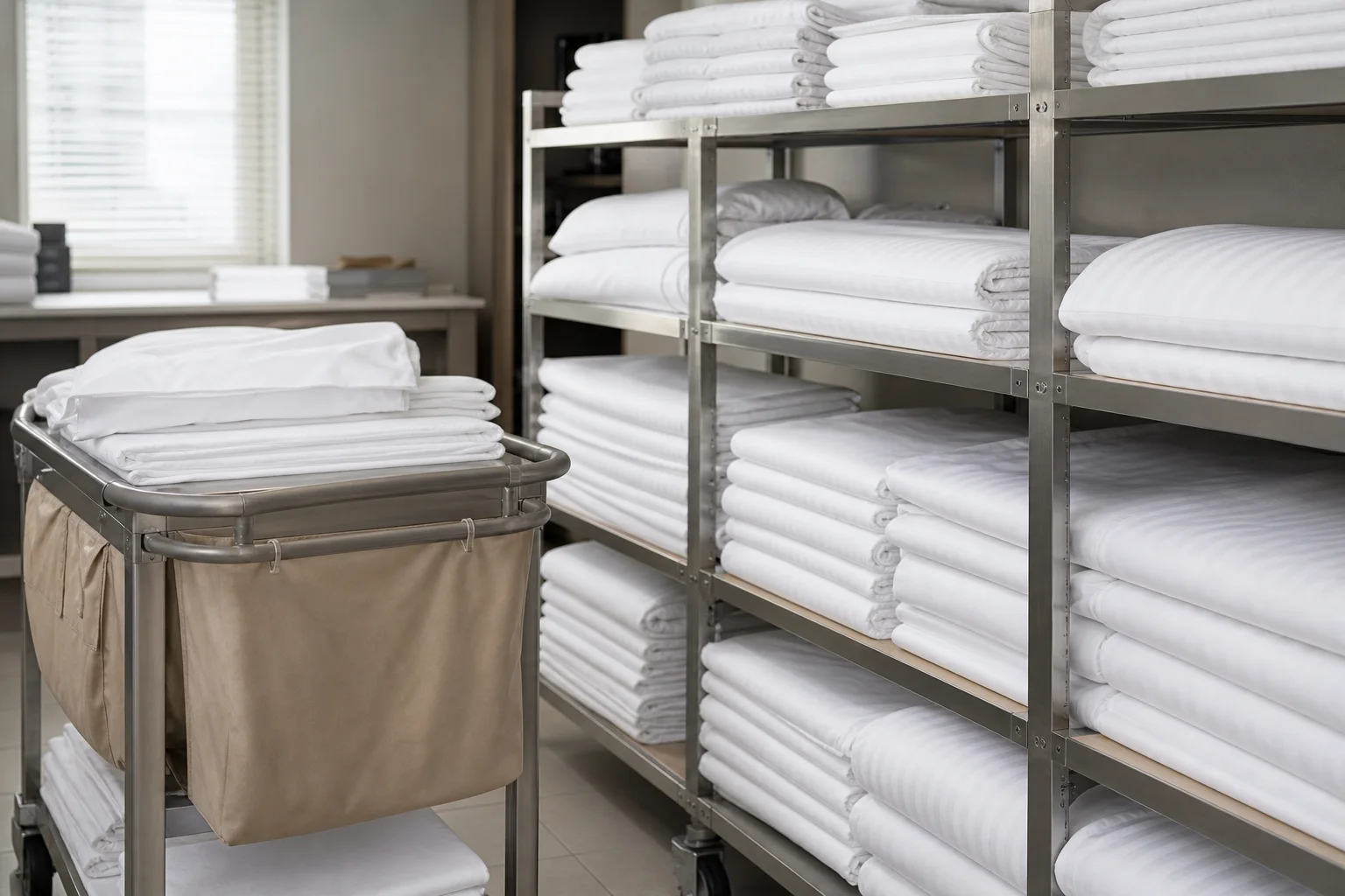 Organized hotel bed linen storage room with folded sheets and pillowcases