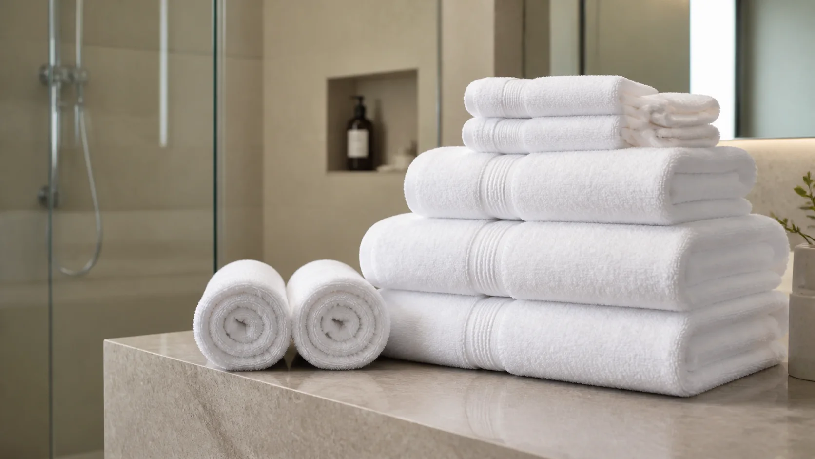 Plush white hotel towels arranged in a premium hotel bathroom