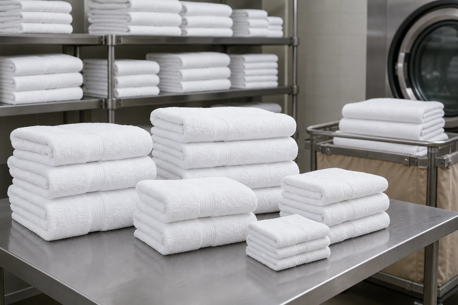 Hotel laundry room with organized towel stock for commercial use