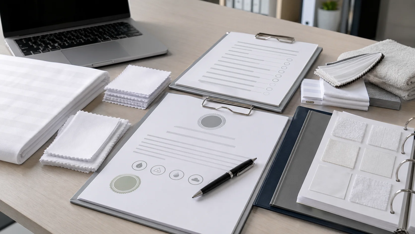 Hotel textile certification review with fabric swatches and audit documents