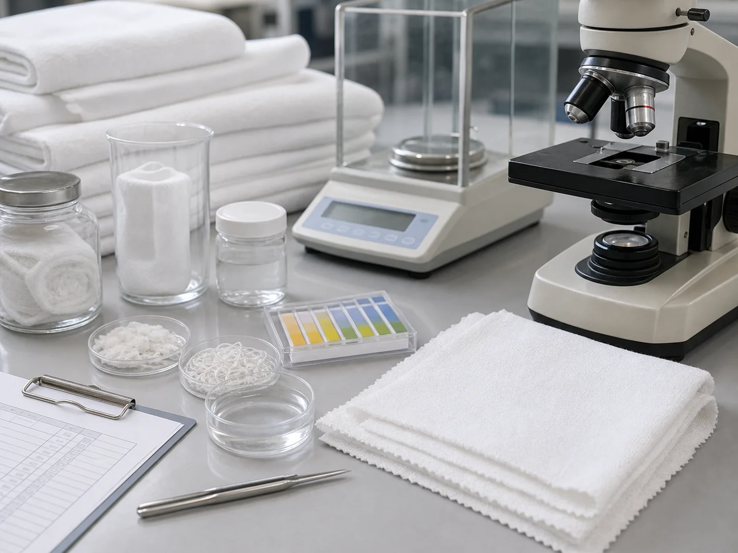 Textile laboratory testing hotel linen fabric samples for quality and safety