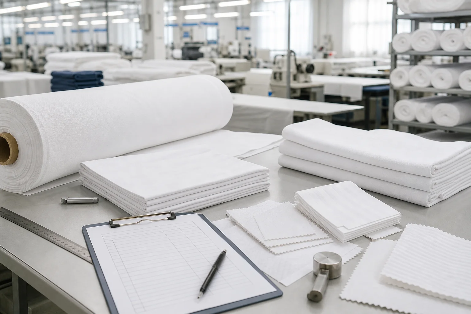 Hotel textile supplier quality audit with fabric rolls and inspection materials