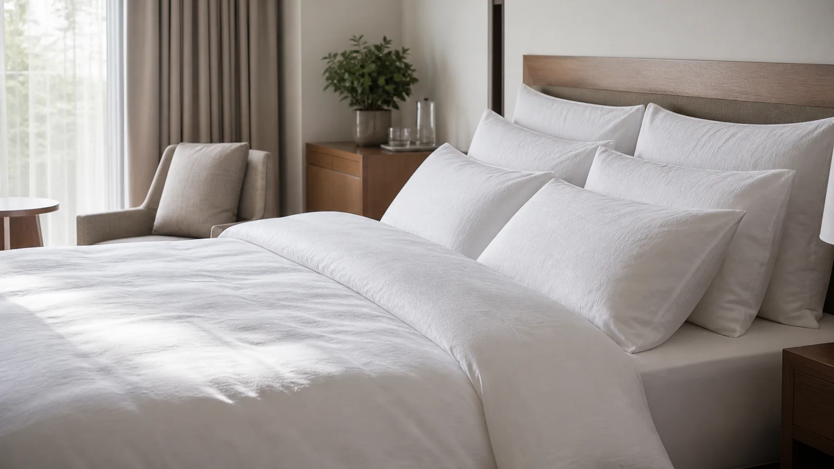Sustainable hotel linen on a clean white hotel bed in natural light