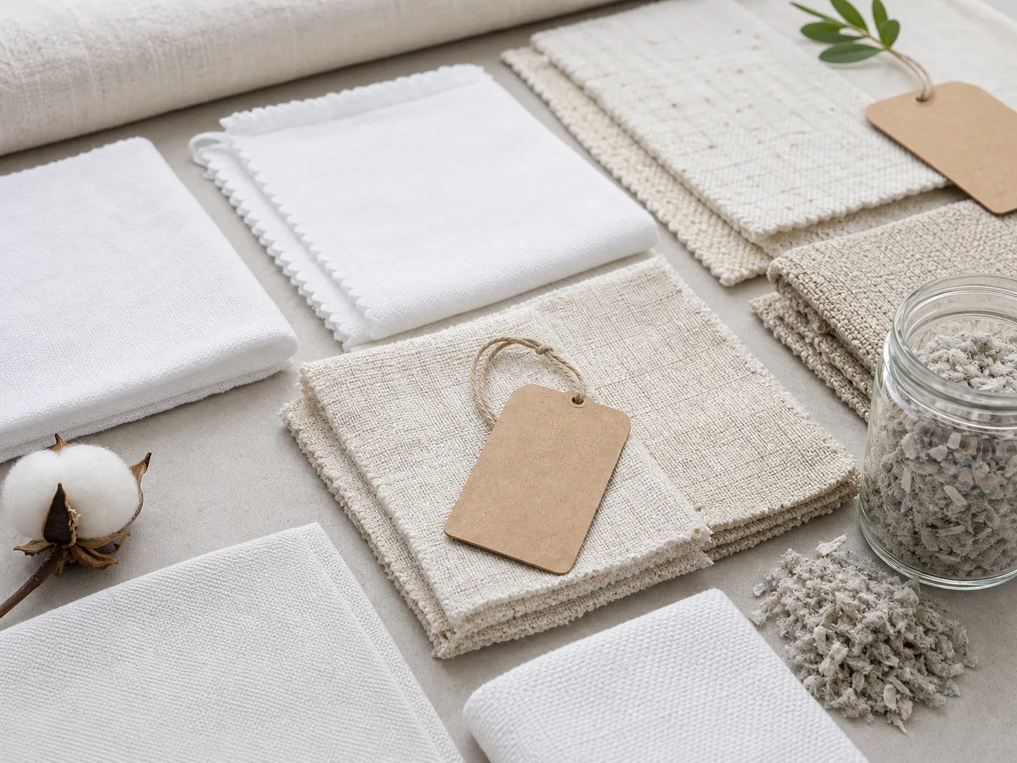 Sustainable hotel linen material swatches including cotton and recycled fiber blends