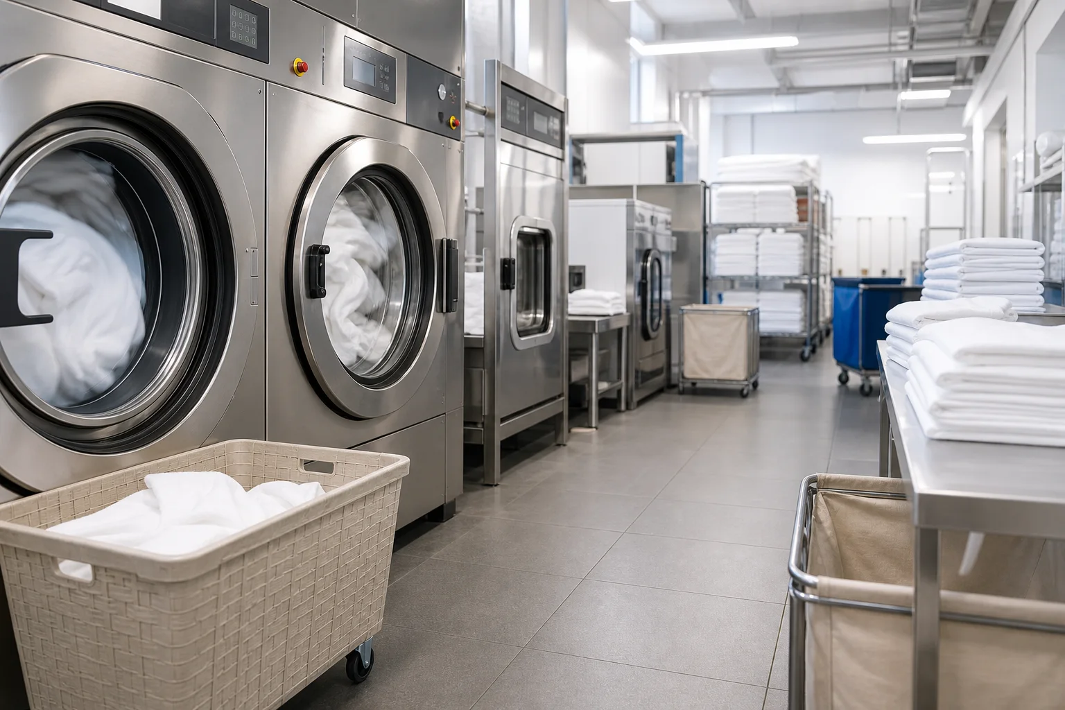 Efficient hotel laundry operation handling sustainable white linens