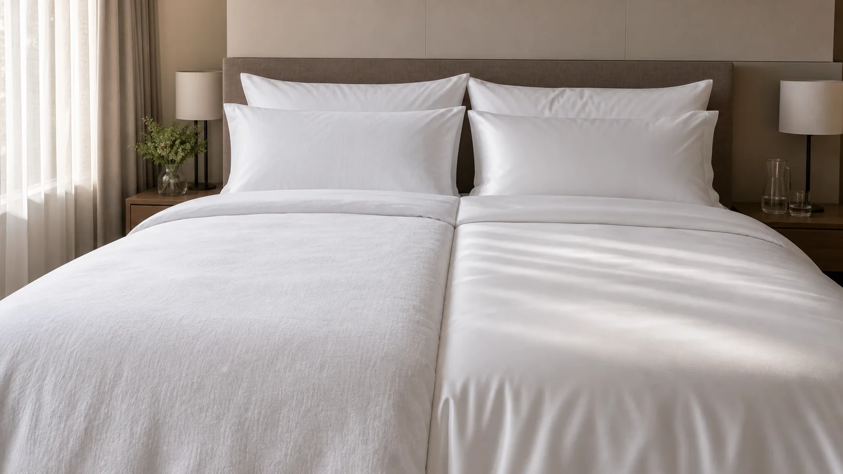 Percale and sateen hotel sheets compared side by side on a hotel bed