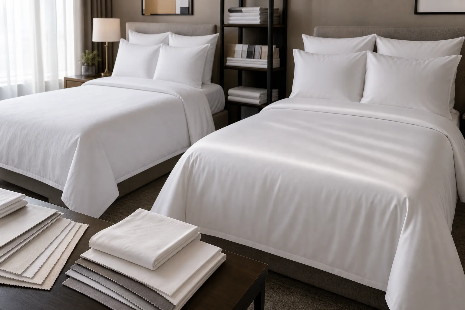 Hotel sheet weave selection room with percale and sateen bedding samples
