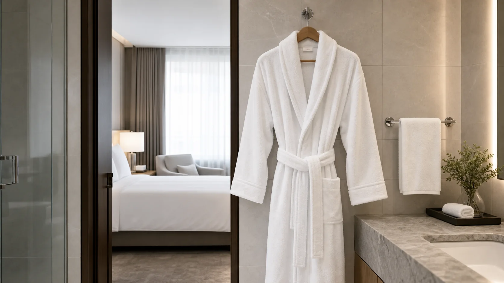 White hotel bathrobe hanging in a premium hotel bathroom