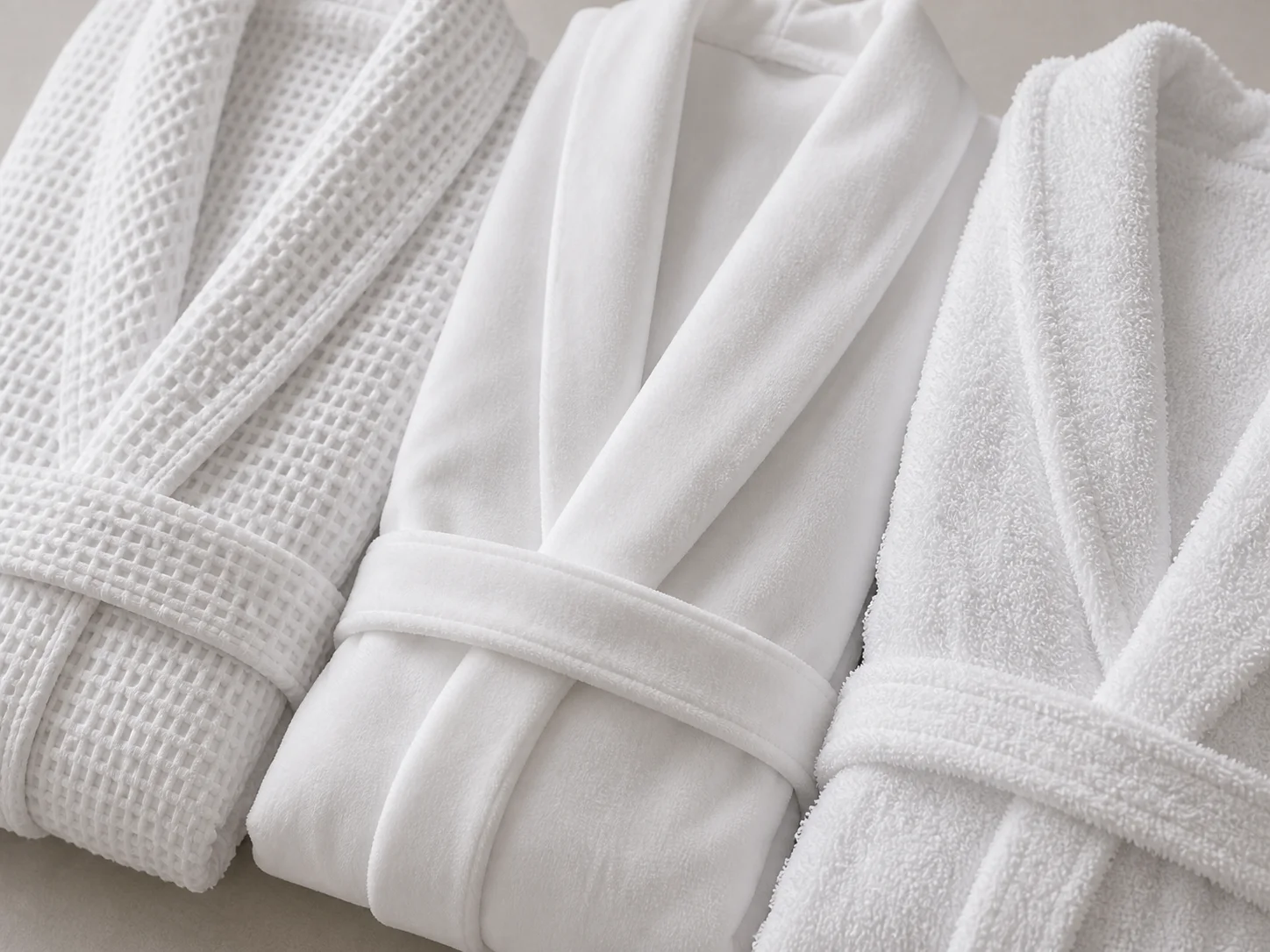 Waffle velour and terry hotel bathrobe fabric textures compared