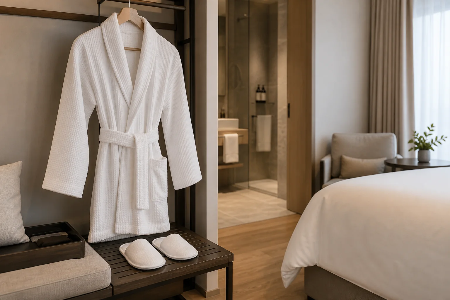 Hotel bathrobe and slippers prepared for a guest room