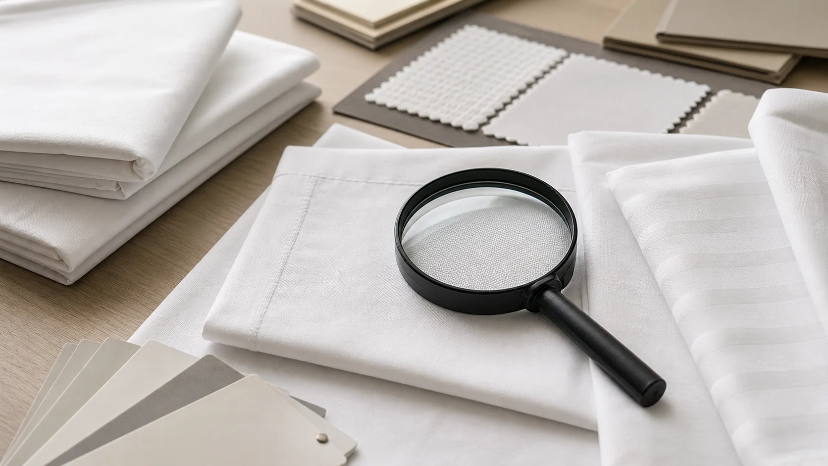 Hotel sheet quality evaluation with fabric samples and magnifying glass