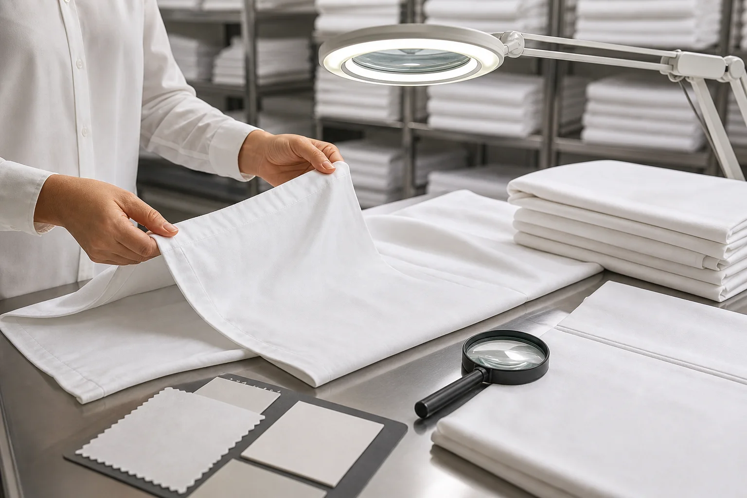 Hotel linen quality inspection table with folded white sheets