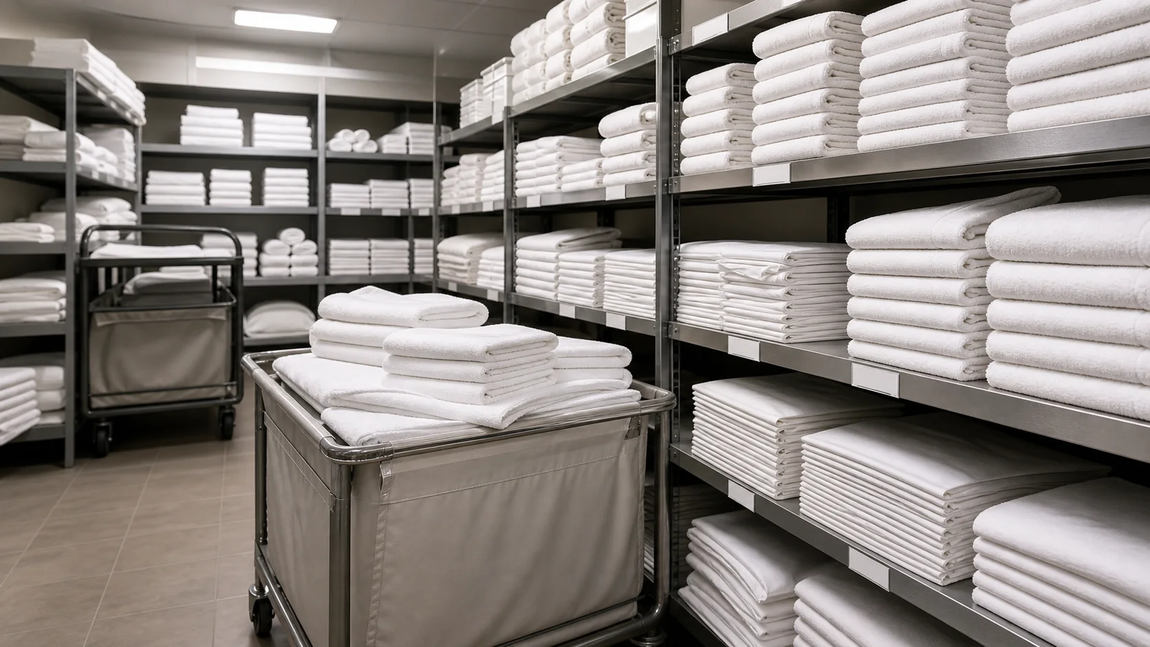 Hotel linen par stock room with organized sheets towels and duvet covers