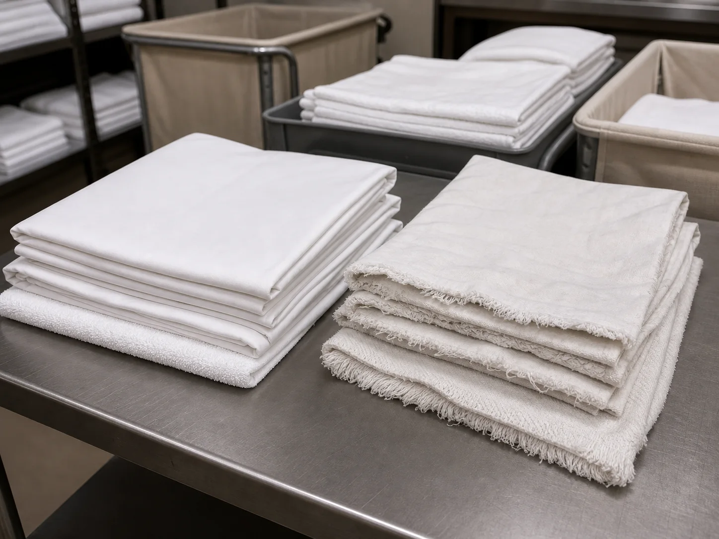Hotel linen replacement cycle inspection comparing serviceable and worn textiles