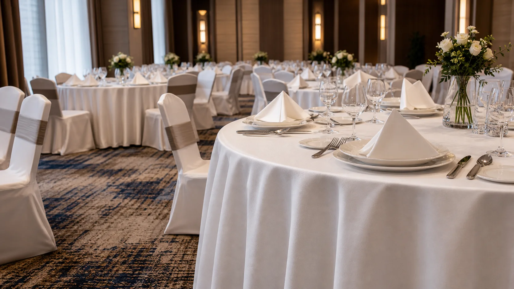 Hotel banquet tables with white table linen and folded napkins