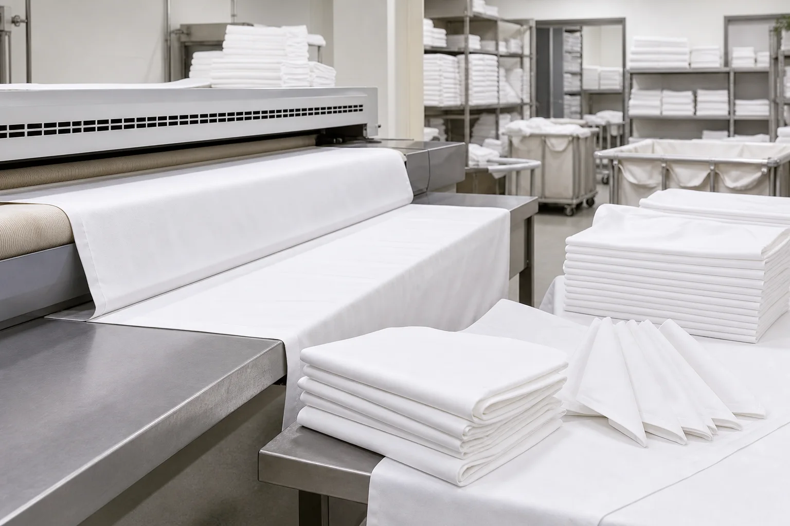 Hotel laundry pressing white table linens for banquet reuse
