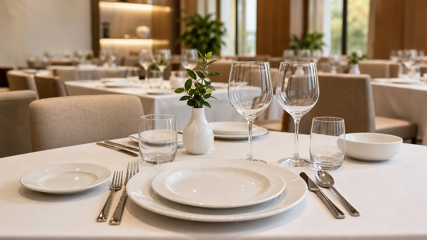Hotel restaurant table setting with white dinnerware and clear glassware
