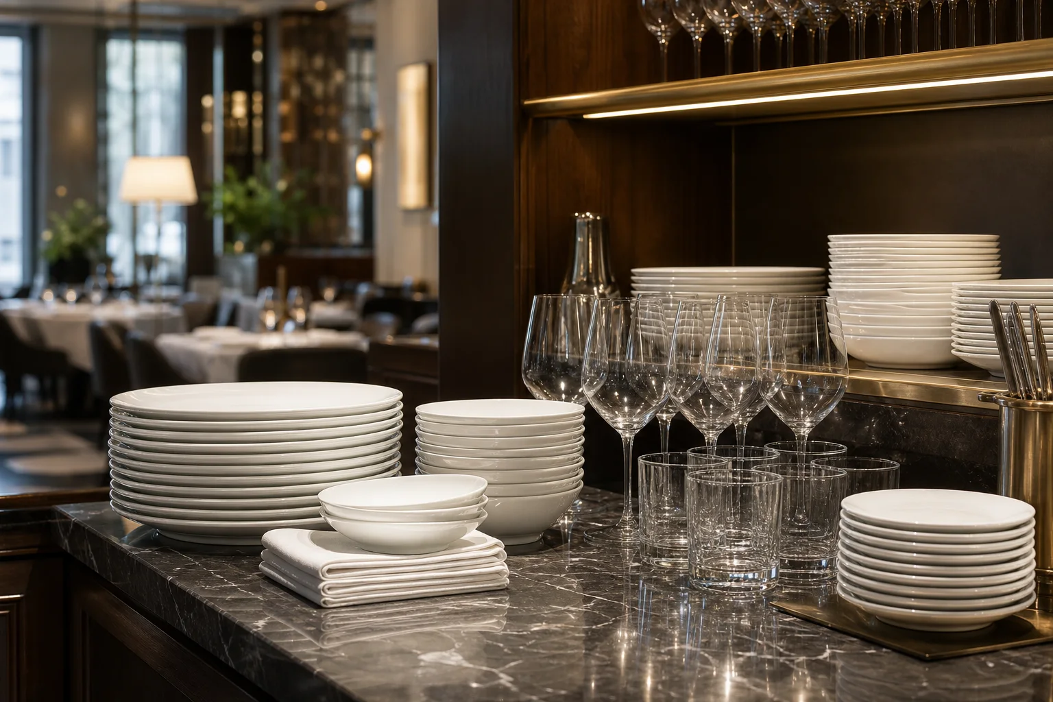Premium hotel restaurant service station with stacked dinnerware and glassware