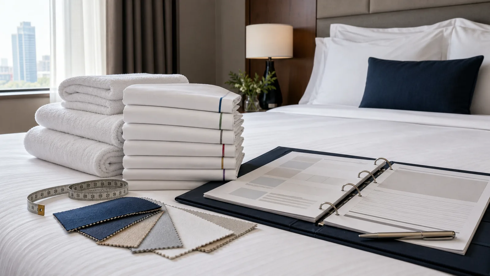 Chain-standard hotel bed linen with folded towels, swatches, and a blank procurement binder