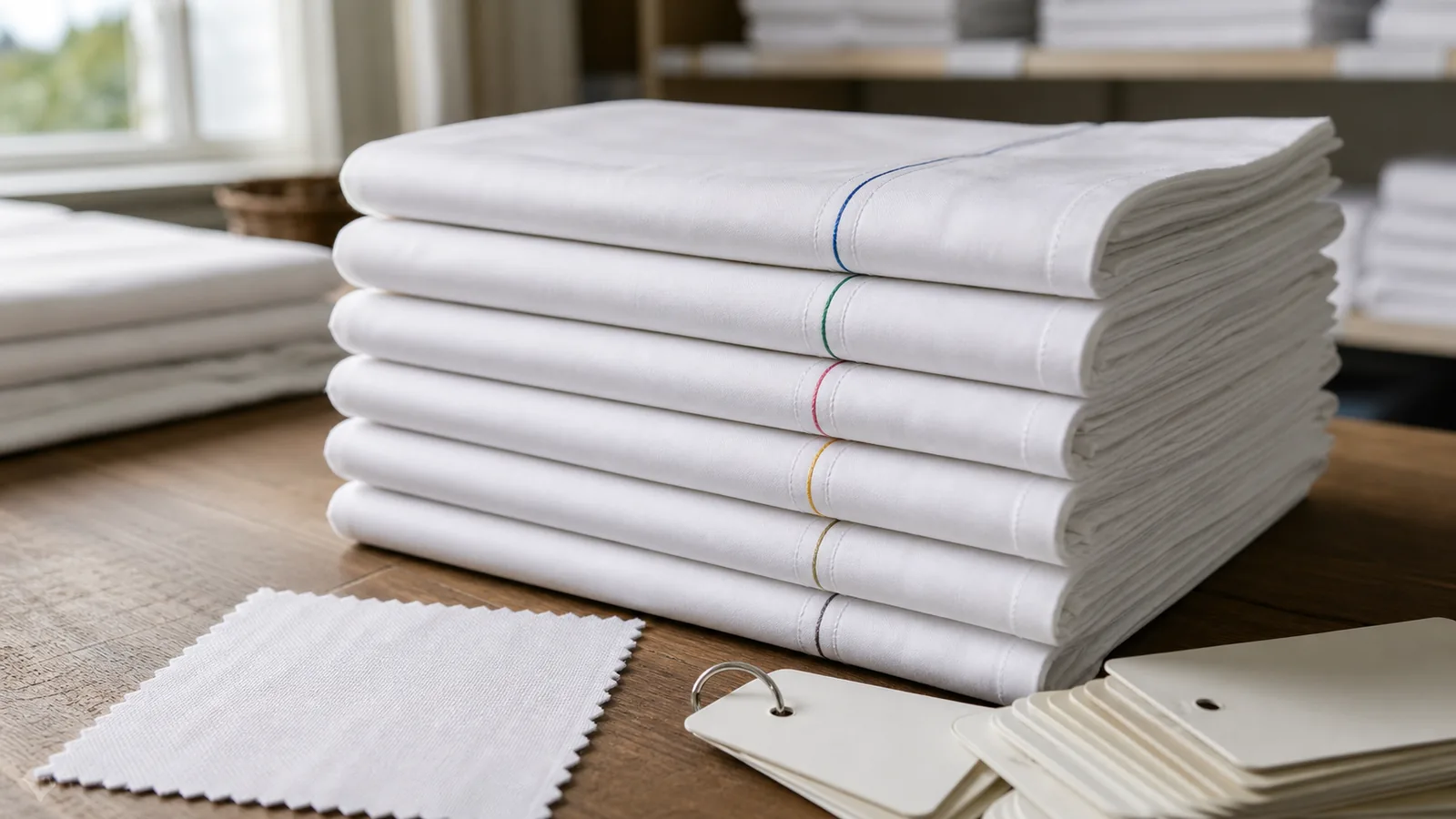 Folded white hotel sheets showing color-coded hem threads for size identification