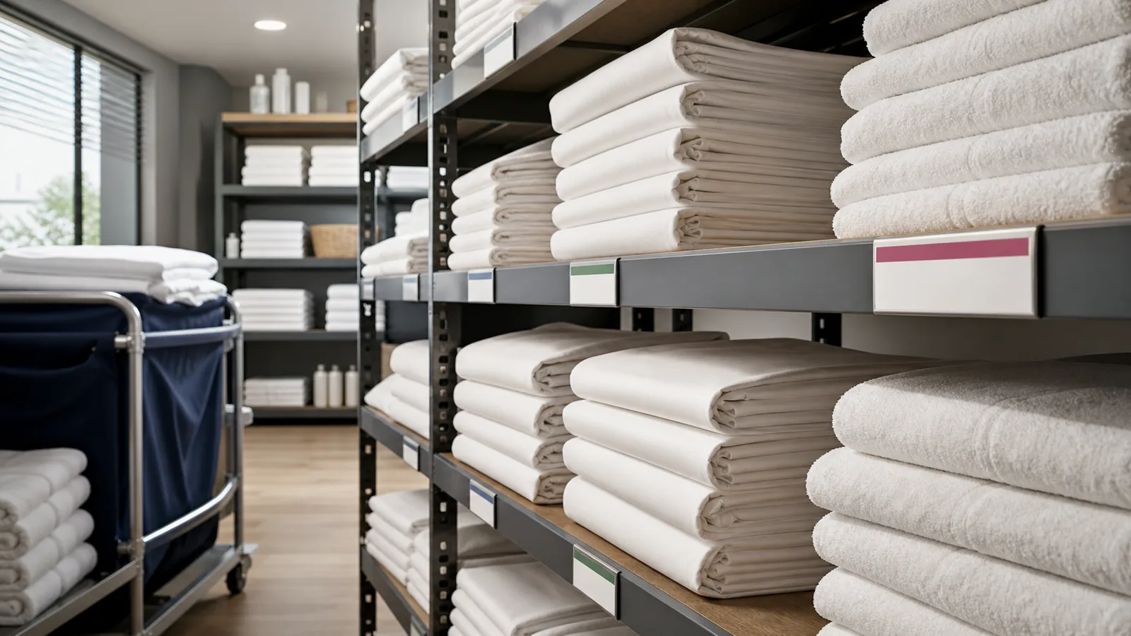 Hotel linen room stocked with white chain-standard sheets and towels