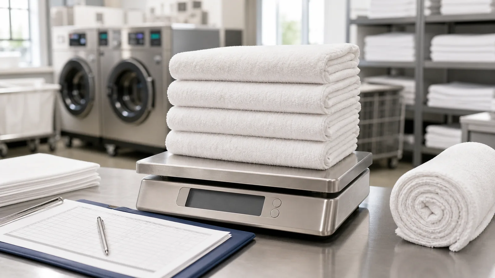White hotel towels being weighed on a scale in a commercial laundry