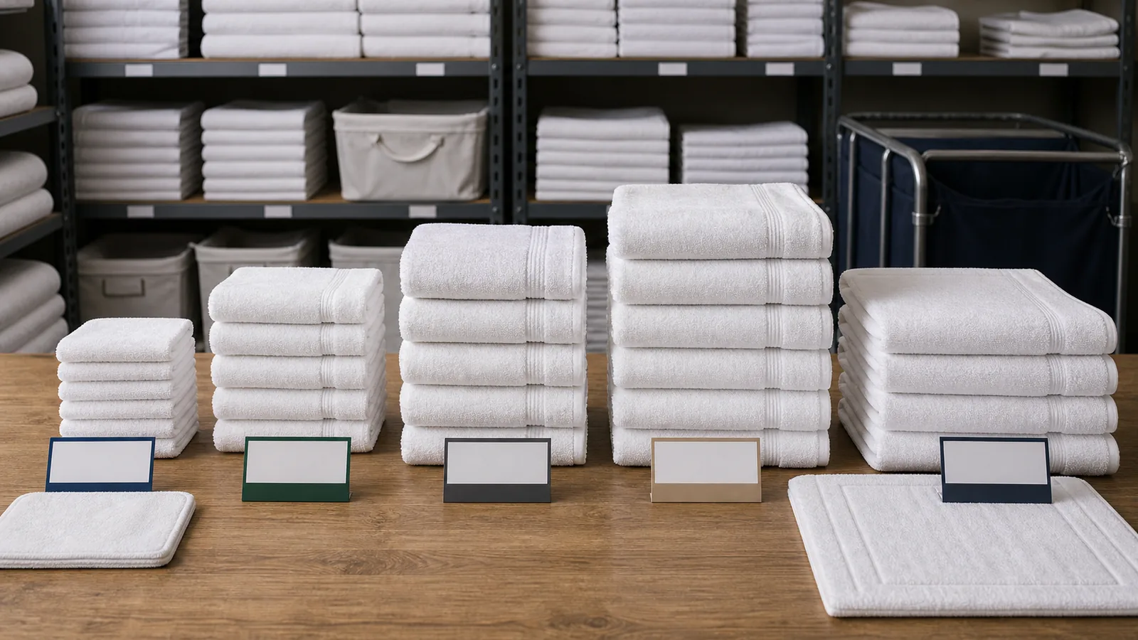 Hotel towel inventory shelves organized by size and weight class