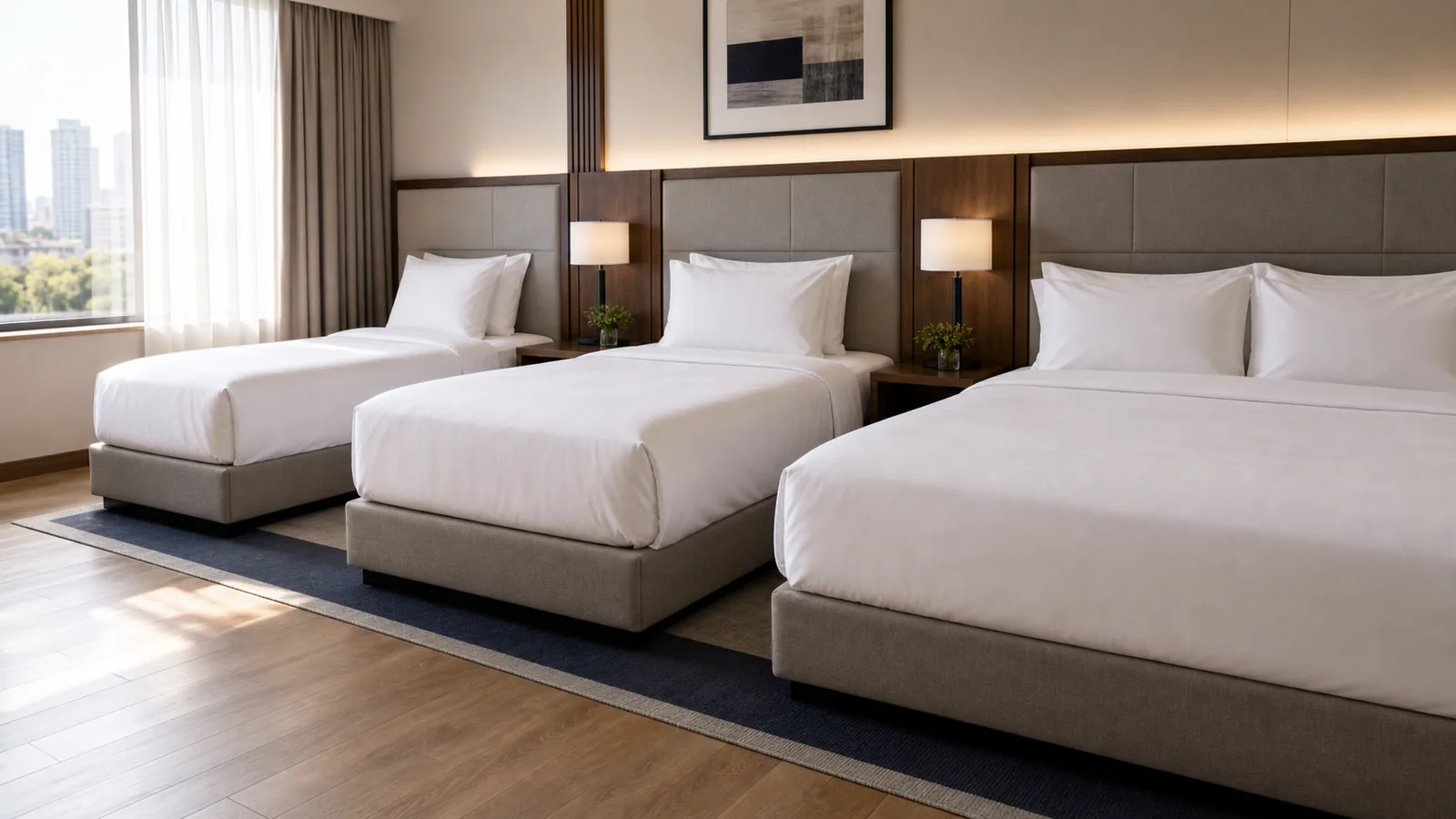 Neatly made hotel beds of different sizes in a bright guestroom