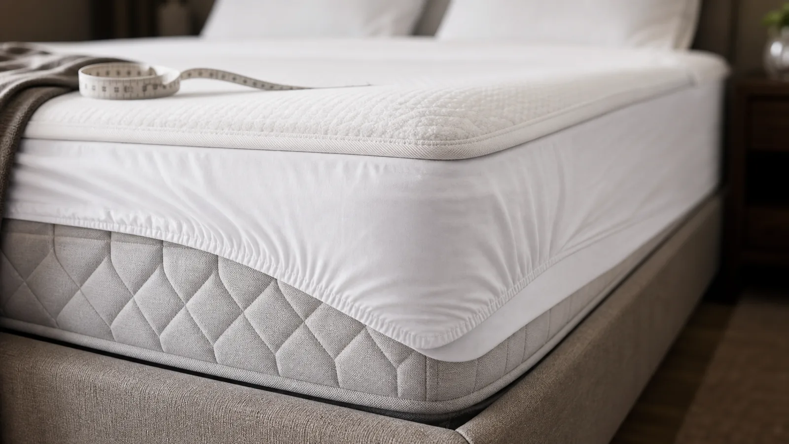 Deep-pocket fitted sheet corner stretched over a thick hotel mattress
