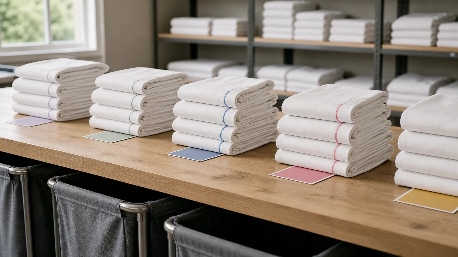 Folded white hotel sheets sorted by size with color-coded hem threads
