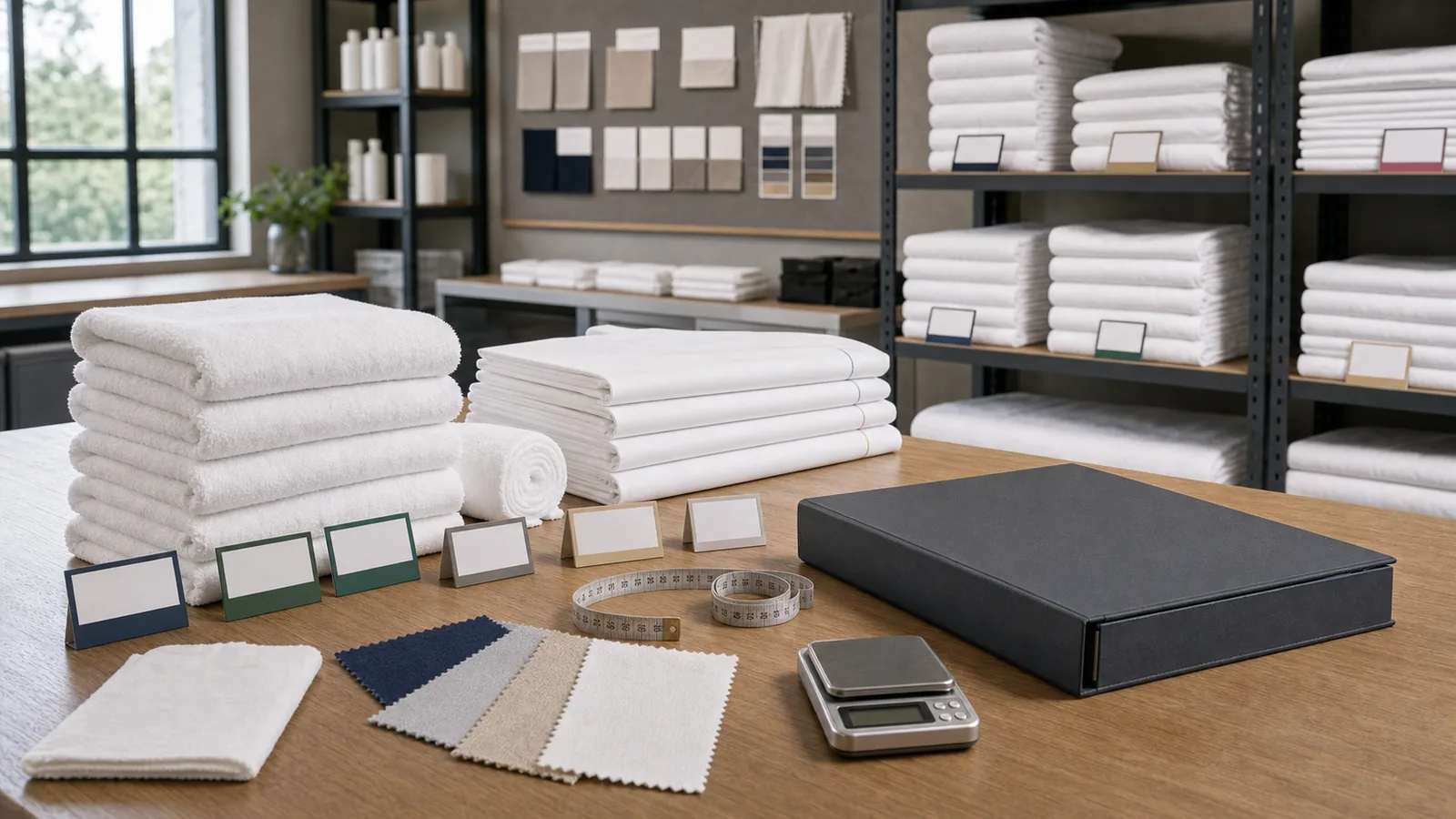 Hotel linen standards worktable with folded towels, sheets, swatches, and blank color cards