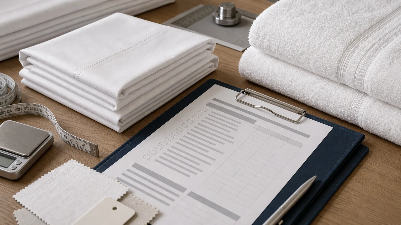 Hotel linen inspection table with white towels, folded sheets, measuring tools, and a blank checklist