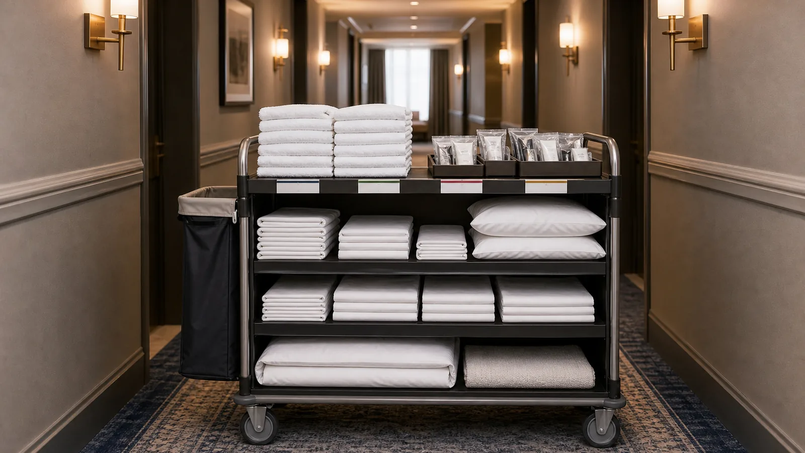 Housekeeping cart with standard-compliant white linens in a hotel corridor