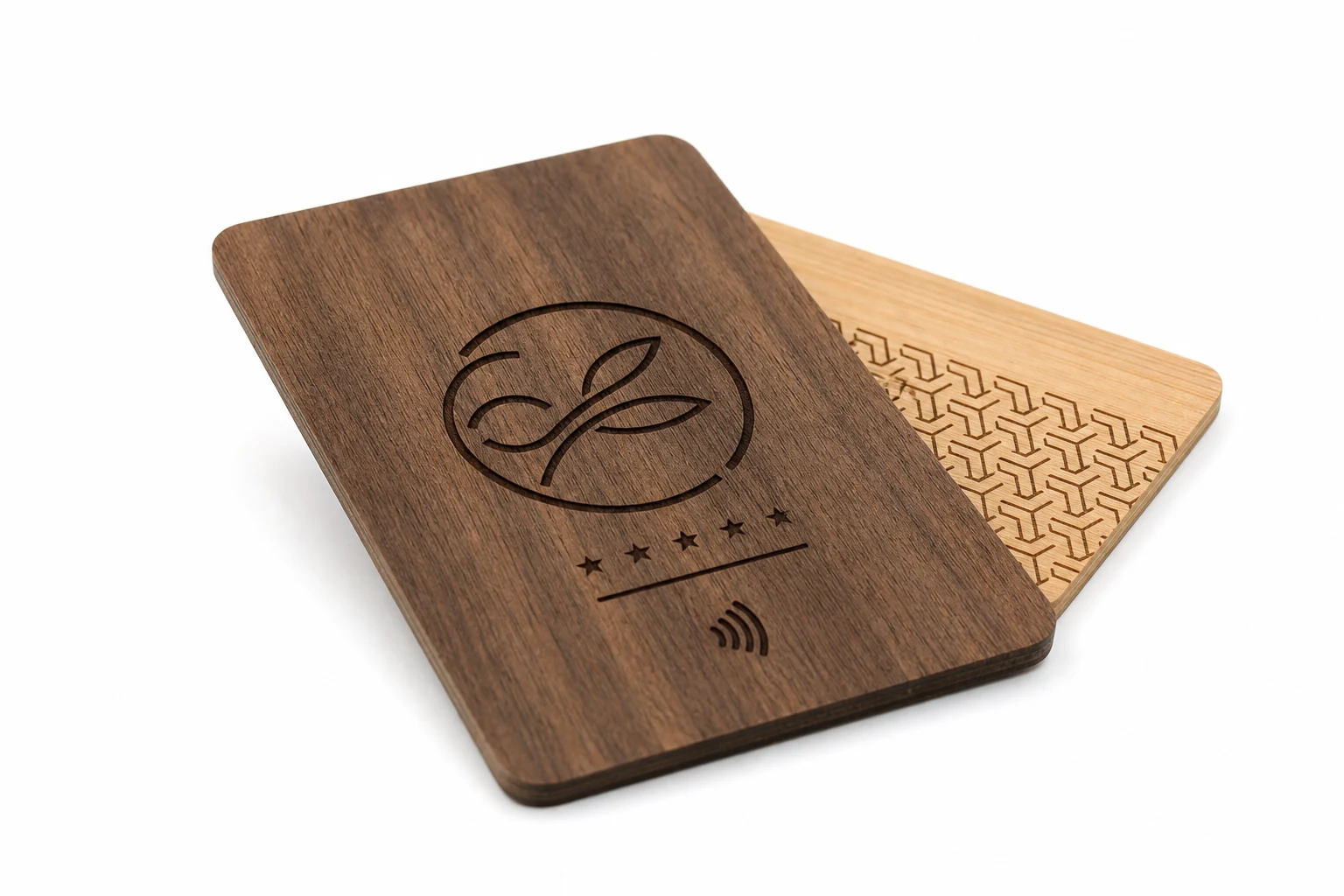 Laser-engraved wooden hotel key cards in two wood tones