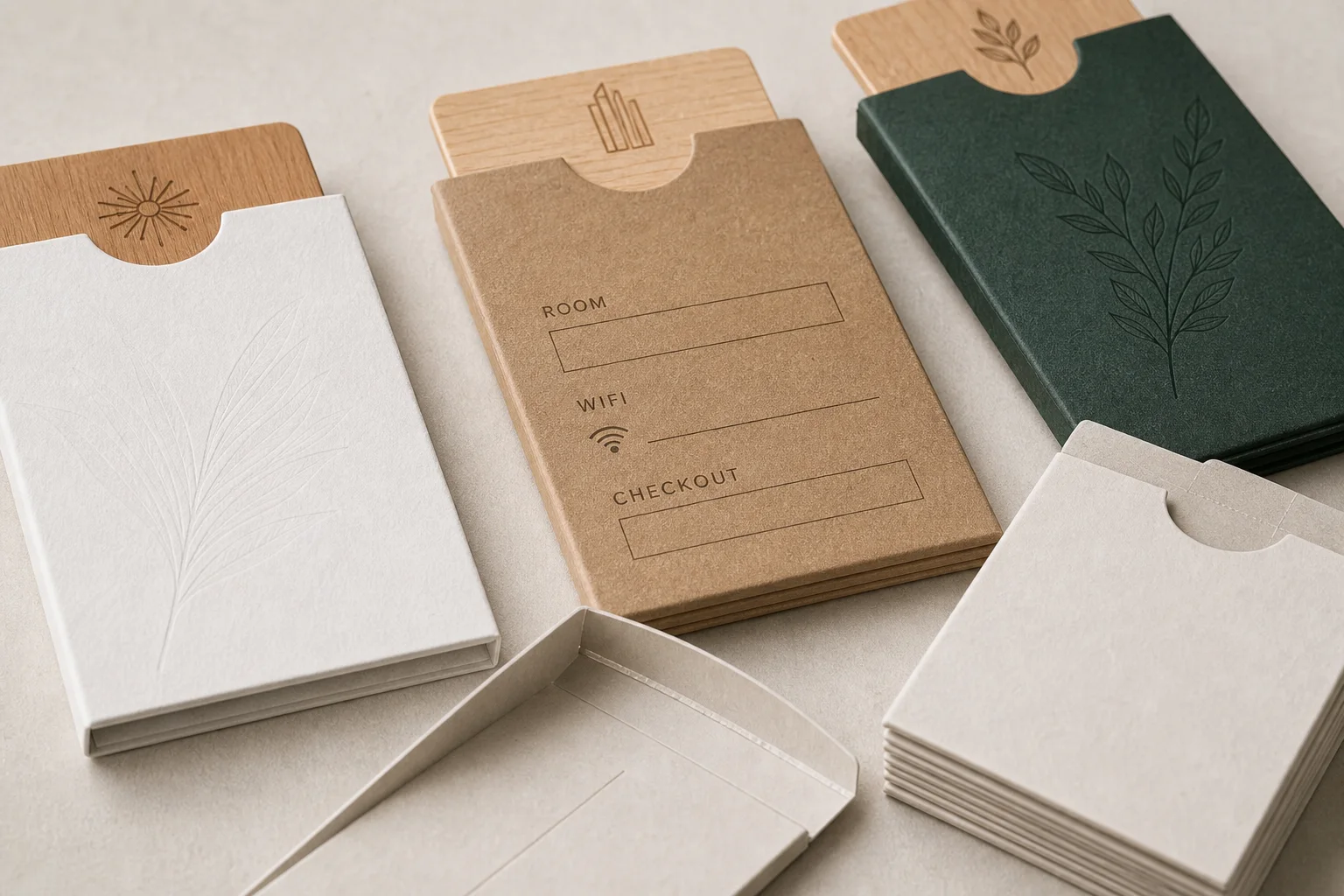Close-up of hotel key card sleeve paper texture and printed finish