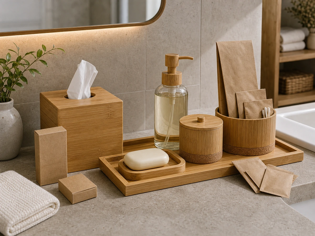 Hotel bathroom accessory set pieces arranged for counter presentation