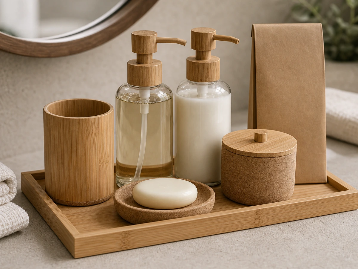 Charcoal hotel bathroom accessory set with pump dispenser, tray and tissue box cover