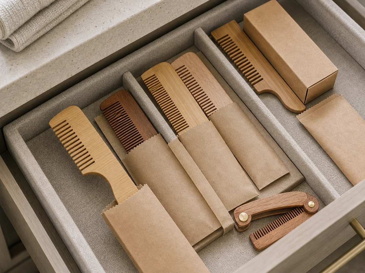 Single-row and double-row hotel guest comb styles arranged in a product lineup