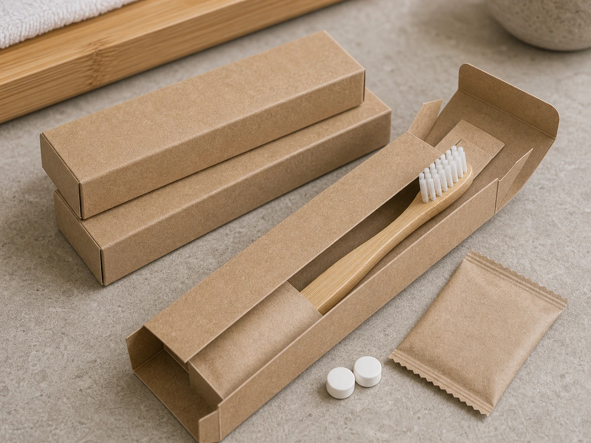 Close-up of slim recycled kraft dental kit carton with bamboo toothbrush and toothpaste sachet