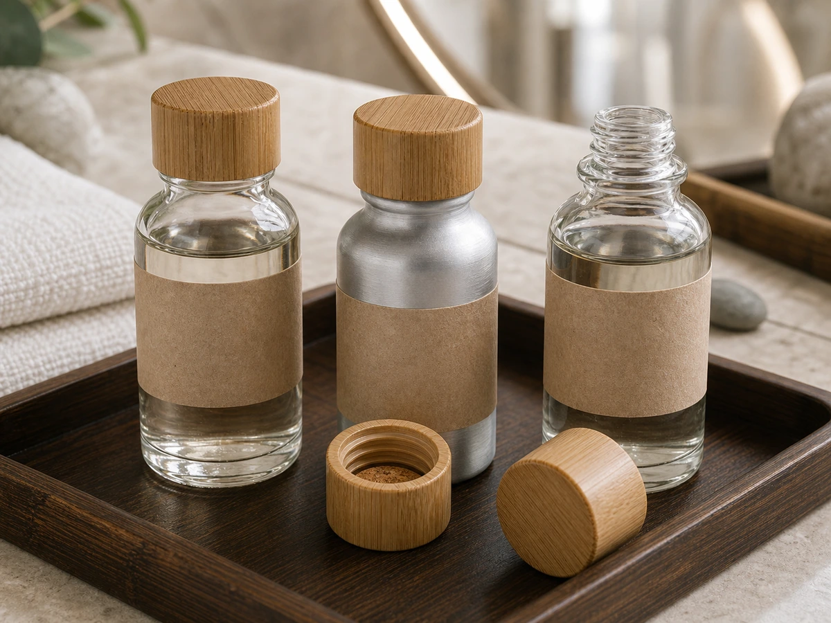Close-up of refillable glass and recycled aluminum hotel toiletry bottles with bamboo caps