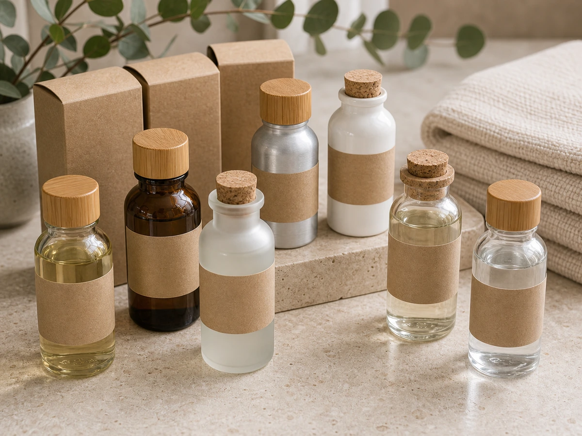 Eco hotel toiletry bottle lineup with glass, recycled aluminum and bamboo-cap finishes