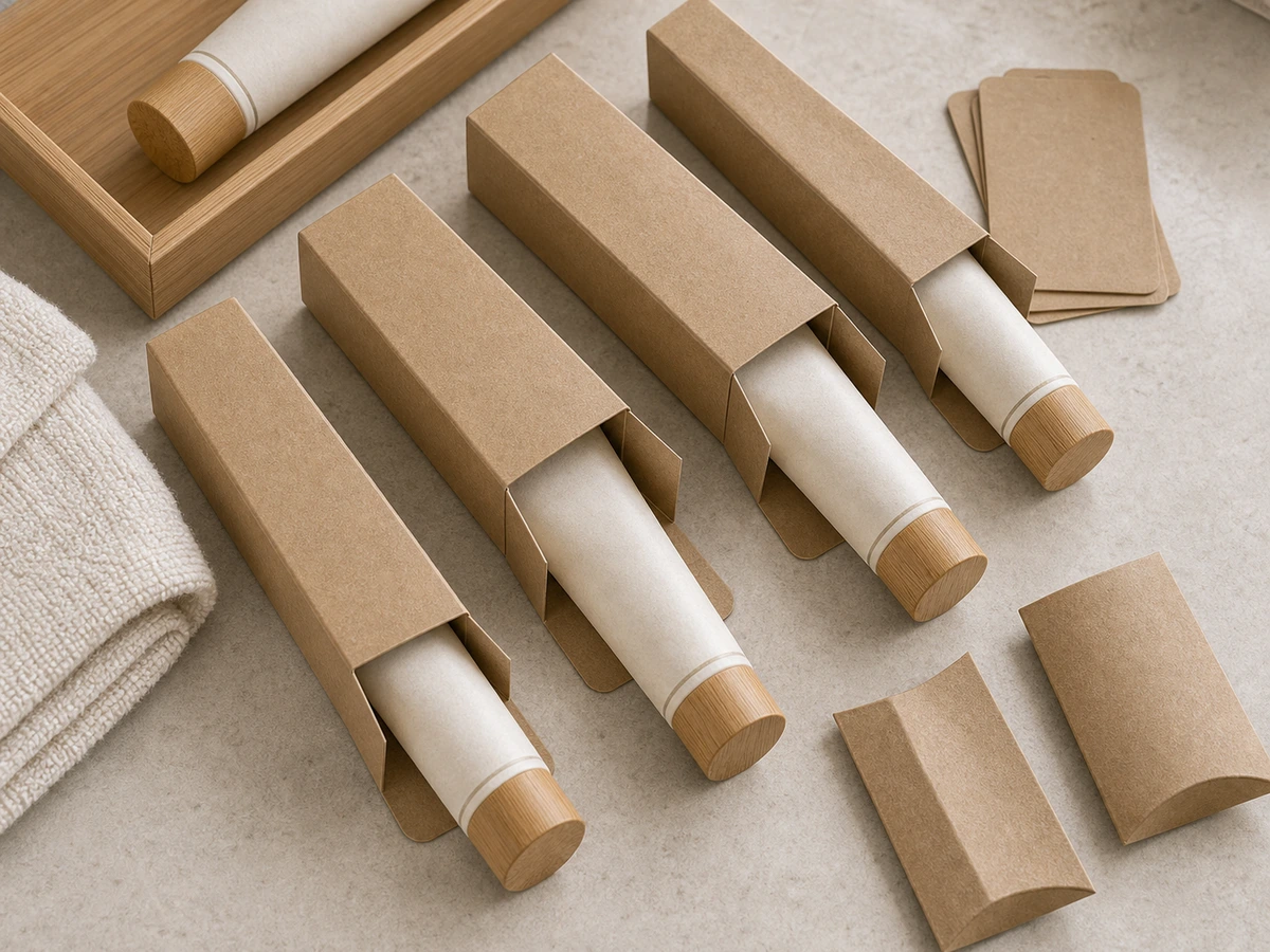 Coordinated recycled kraft amenity cartons and plant-based squeeze tubes on a bathroom vanity