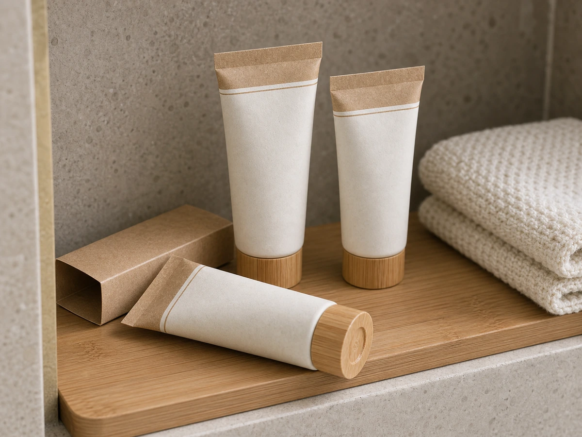 Close-up of plant-based hotel toiletry squeeze tubes with bamboo caps