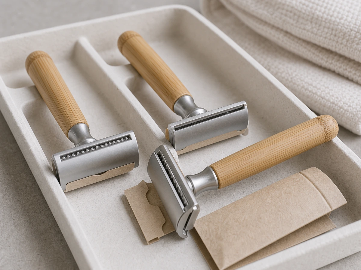 Close-up of bamboo-handle hotel razor head options
